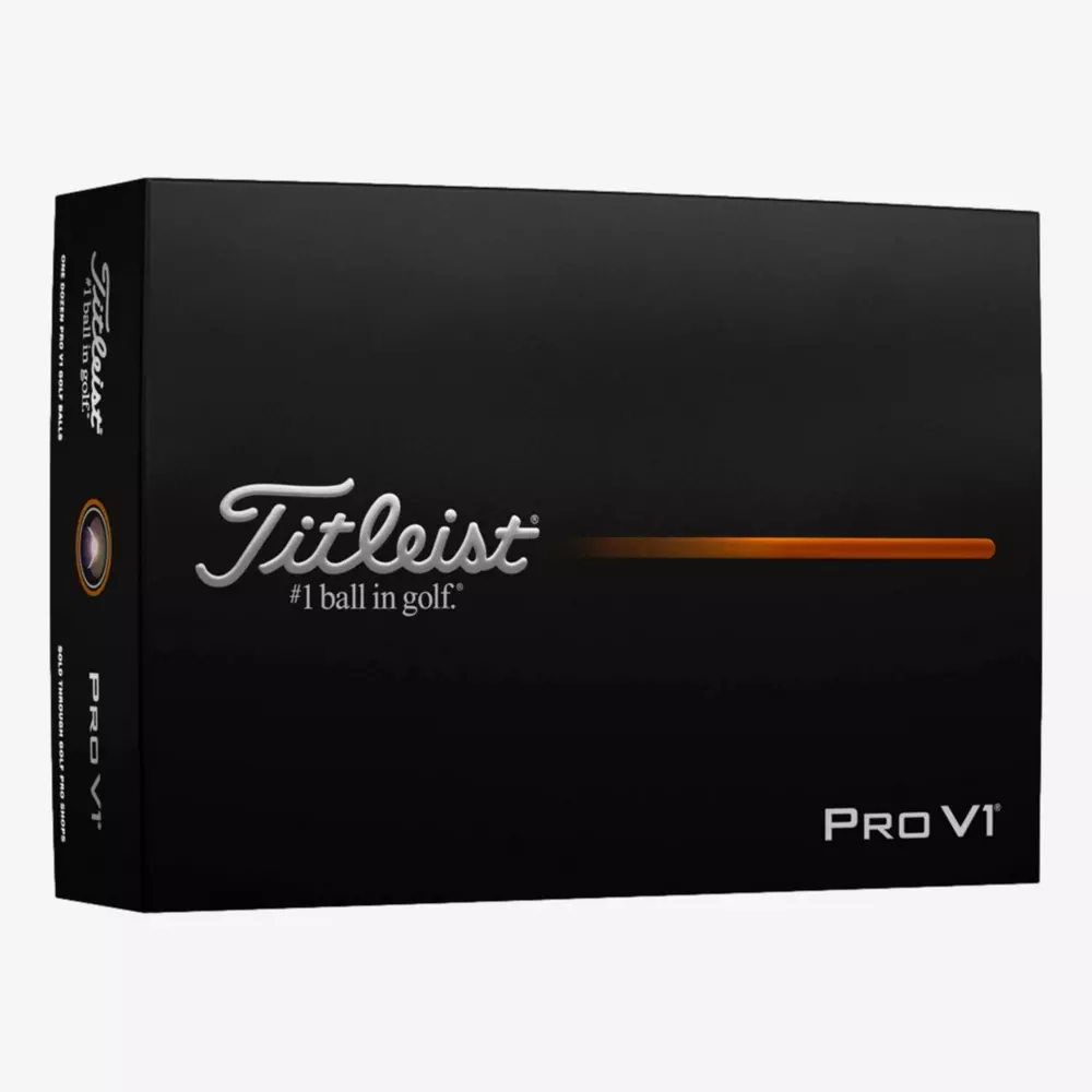 A black box of Titleist Pro V1 golf balls, featuring the Titleist logo, the text #1 ball in golf, and a subtle orange line across the front&mdash;an ideal companion for those seeking performance and style like the best golf shoes 2026.