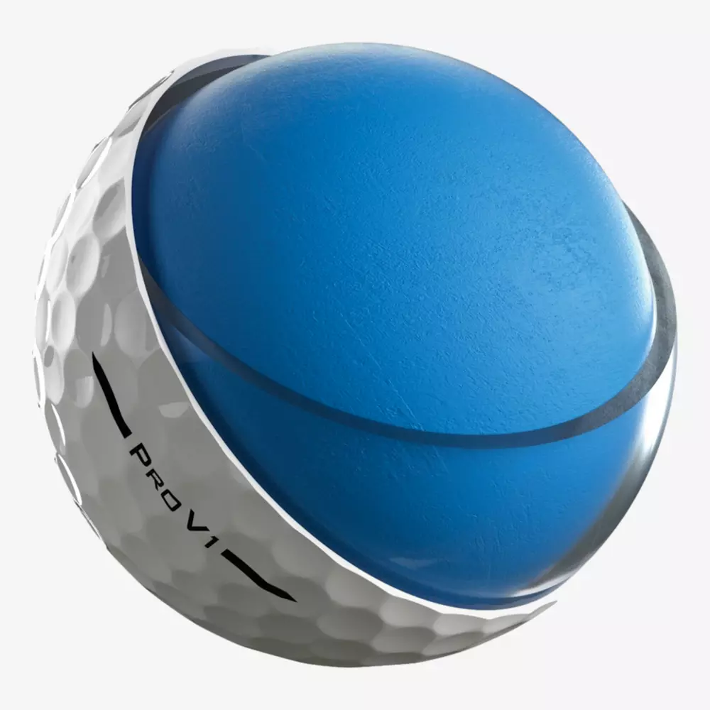 A golf ball cut in half, revealing a smooth, solid blue core inside a textured white outer layer. The dimpled shell is labeled Pro V1&mdash;pair it with the best golf shoes 2026 for a premium game experience.