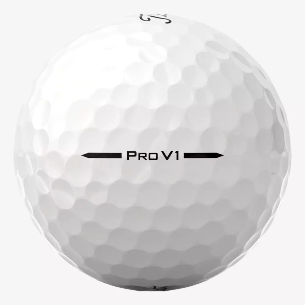 A close-up of a white golf ball with a dimpled surface, featuring the text Pro V1 and two black arrows on either side&mdash;perfect for pairing with the best golf shoes 2026 for your next game.