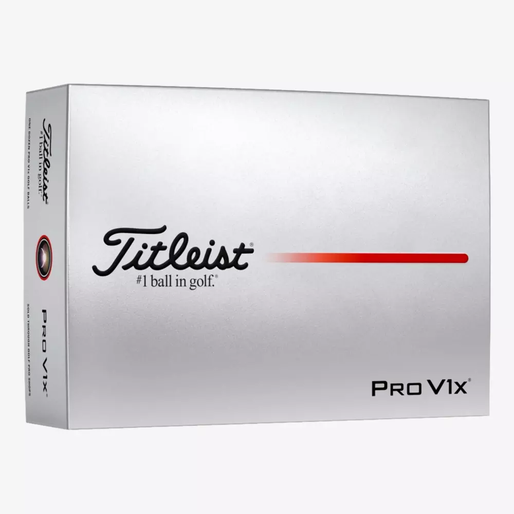 A box of Titleist Pro V1x golf balls rests on a white background, featuring the Titleist logo, #1 ball in golf. text, and a red horizontal line&mdash;perfect for players seeking top quality gear to pair with the best golf shoes 2026.