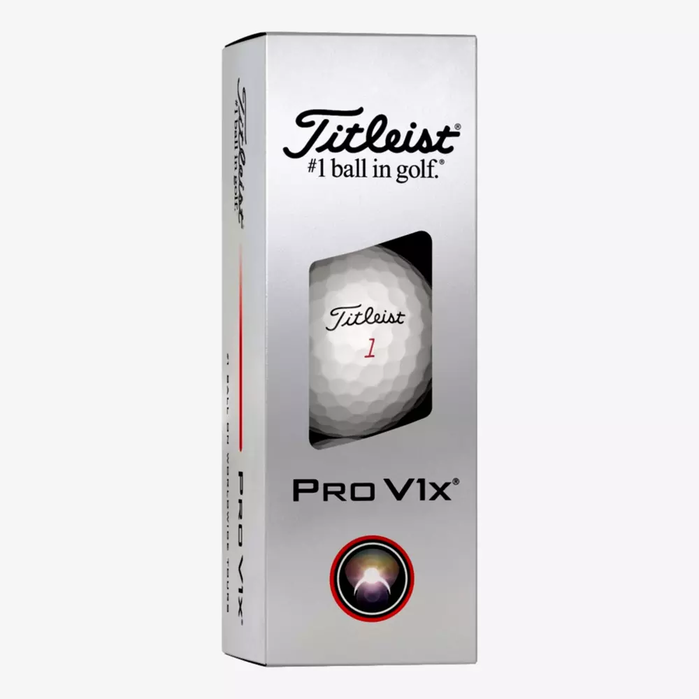A silver box containing a Titleist Pro V1x golf ball, with 