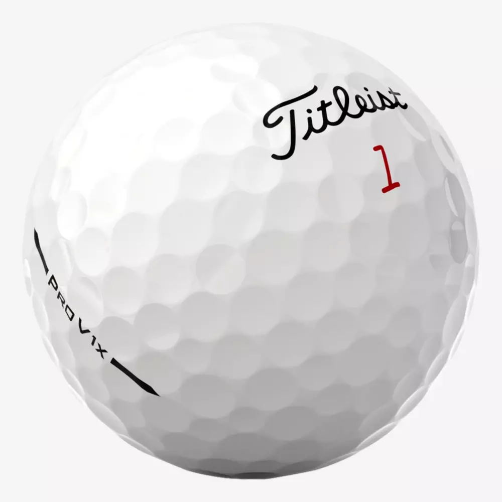 A white Titleist Pro V1x golf ball with the number 1 in red and the Titleist logo in black printed on its surface, showing the ball&rsquo;s dimples and smooth texture&mdash;perfect for pairing with the best golf shoes 2026.