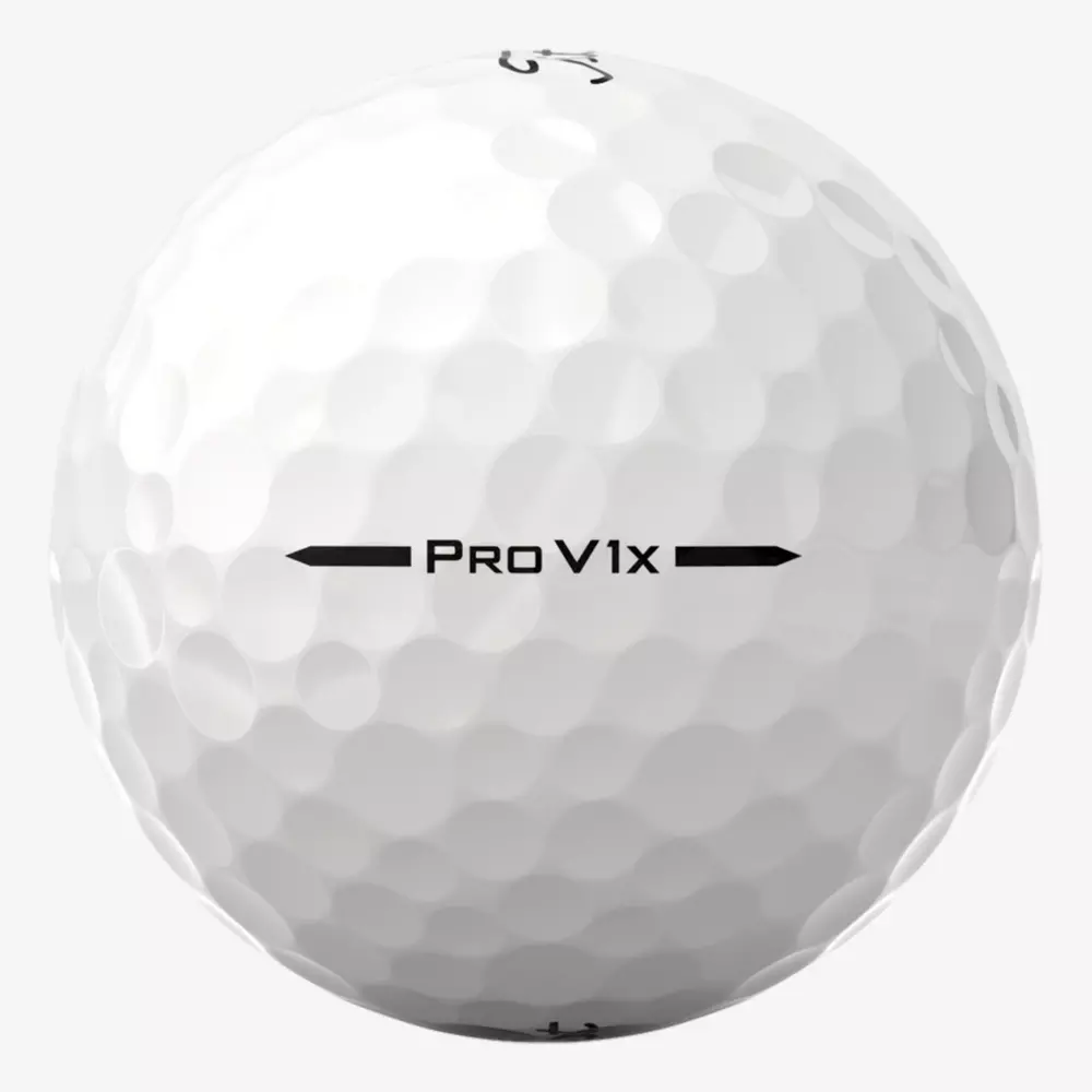 A close-up view of a white dimpled golf ball with the text Pro V1x printed in black across the center, perfect for pairing with the best golf shoes 2026 for an elite performance on the course.