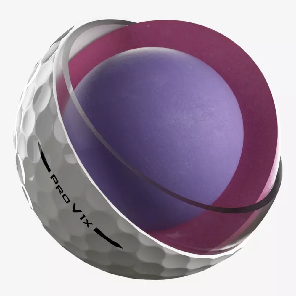 A cutaway view of a golf ball labeled Pro V1x reveals its layered internal structure with a white dimpled outer shell, pinkish inner layer, and solid purple core&mdash;perfect for players seeking performance gear like the best golf shoes 2026.