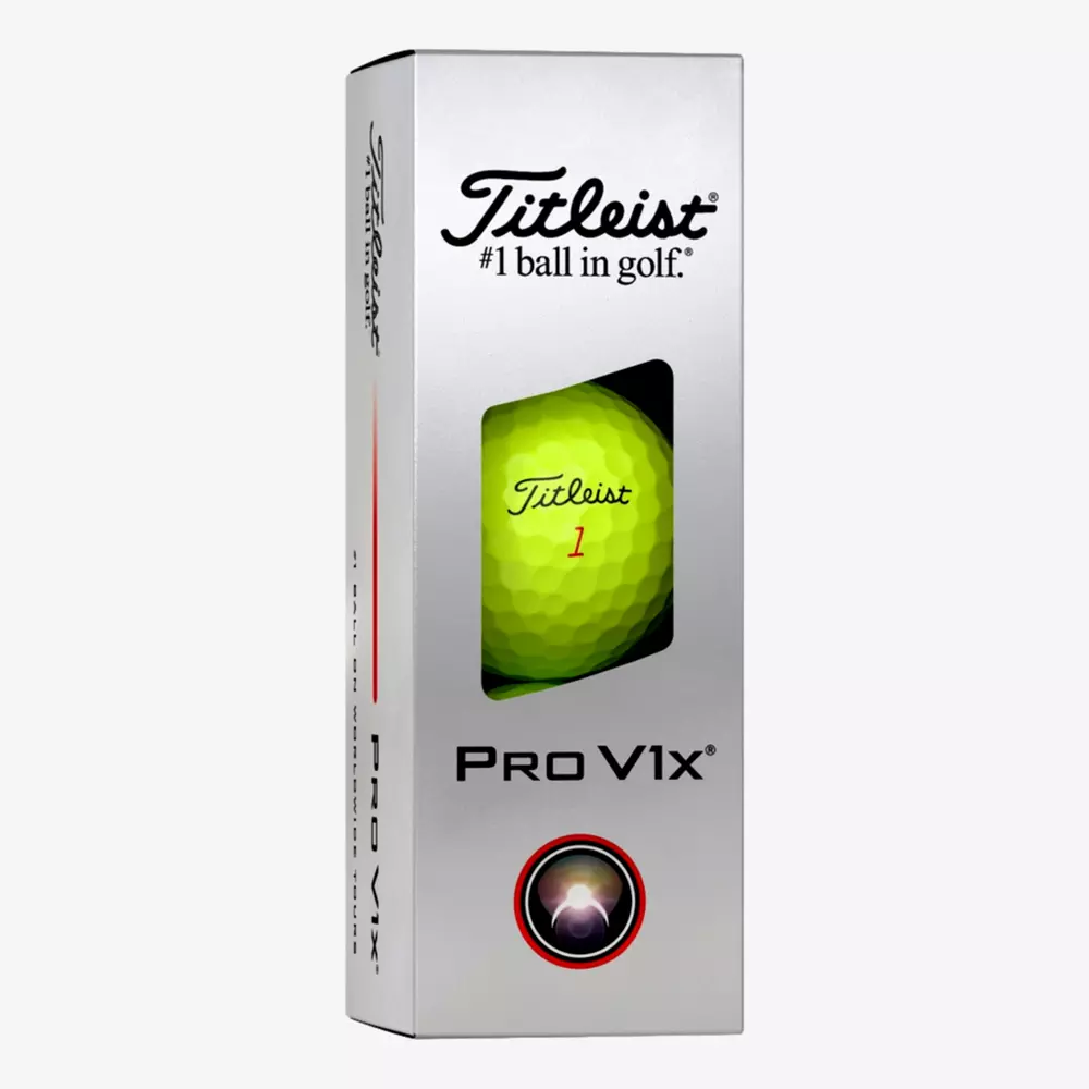 A silver box of Titleist Pro V1x golf balls with a window showing a yellow ball inside. The box is labeled Titleist #1 ball in golf and Pro V1x with a red and black circular logo&mdash;perfect for pairing with the best golf shoes 2026.