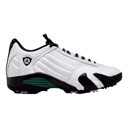A white and black athletic shoe with green accents, featuring a sleek design and a unique logo on the side, inspired by the best Jordan golf shoes, shown in a side profile view against a plain background.