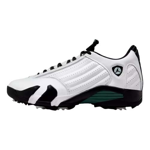 A white and black athletic shoe with a low profile, black laces, green detailing on the sole, and a circular logo resembling a car emblem—perfect for those seeking a sleek look inspired by the best Jordan golf shoes.