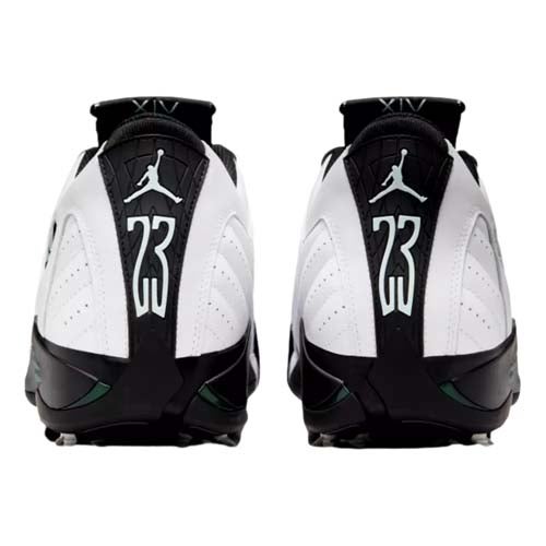 A pair of white and black athletic sneakers viewed from the back, featuring the Jumpman logo and the number 23 on the heels—perfect for those seeking the best Jordan golf shoes style.