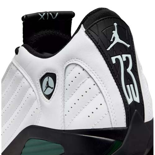 Close-up of the heel of a white and black athletic sneaker, inspired by the best Jordan golf shoes, with a Jumpman logo, “23” and “XIV” displayed, plus accent stitching on the side.
