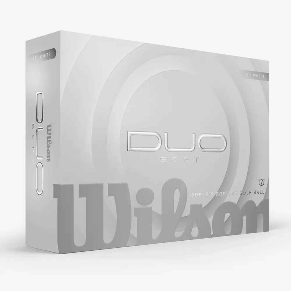 A white and silver box of Wilson Duo Soft golf balls, featuring bold 