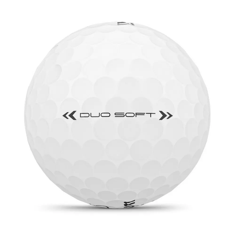 A white golf ball with dimpled texture features the text DUO SOFT and two black arrow graphics pointing inward, pairing perfectly with the best golf shoes 2026 for an unbeatable game.