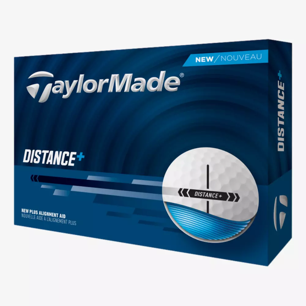 A blue box of TaylorMade Distance+ golf balls featuring the TaylorMade logo, product name, an image of a golf ball, and the words &ldquo;NEW&rdquo; and &ldquo;Distance+&rdquo;&mdash;a perfect match for those seeking distance or searching for the best golf shoes 2026.