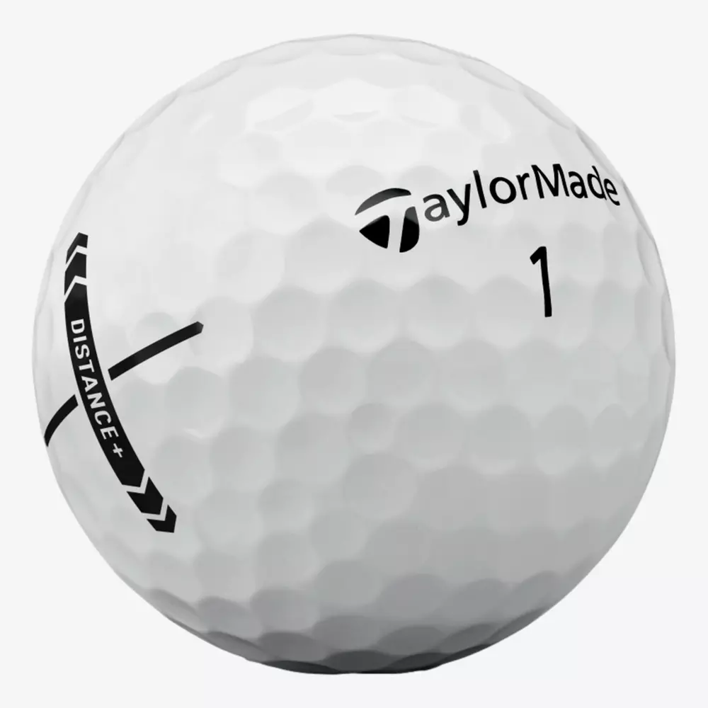A close-up of a white TaylorMade golf ball with the number 1 and DISTANCE+ printed on it; the dimpled surface hints at the performance golfers seek, much like those searching for the best golf shoes 2026.