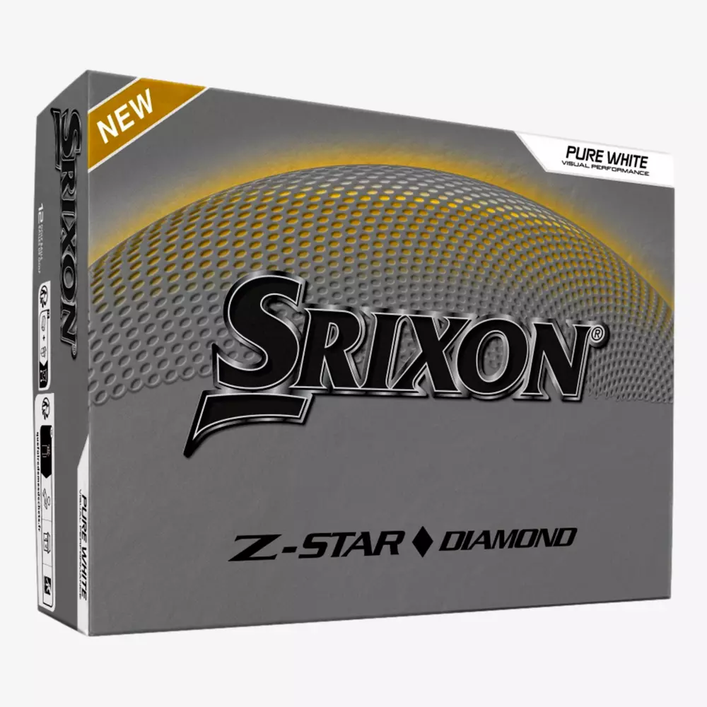A box of Srixon Z-Star Diamond golf balls, among the best golf balls 2026, in silver and yellow packaging, featuring the Srixon logo and the words PURE WHITE and NEW on the top left corner.