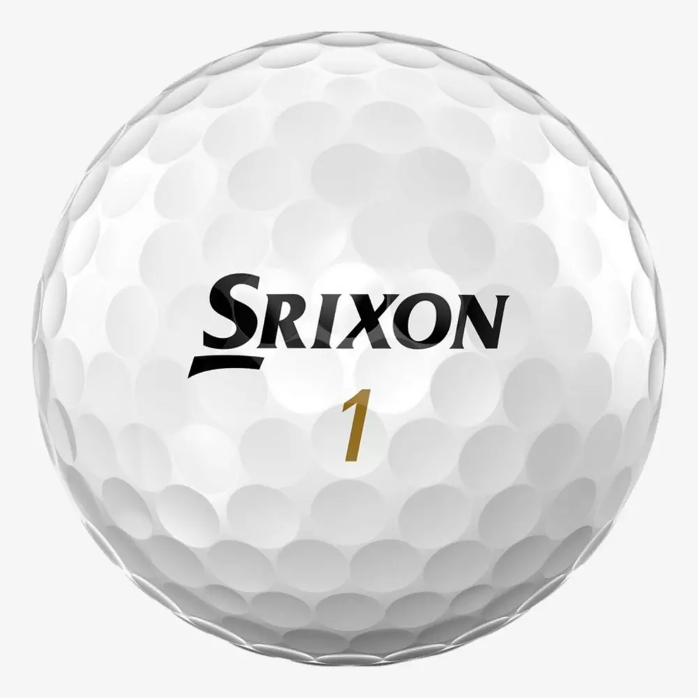 A white golf ball with dimpled texture featuring the brand name Srixon in black lettering and the number 1 in gold below it&mdash;an excellent pick among the best golf balls 2026.