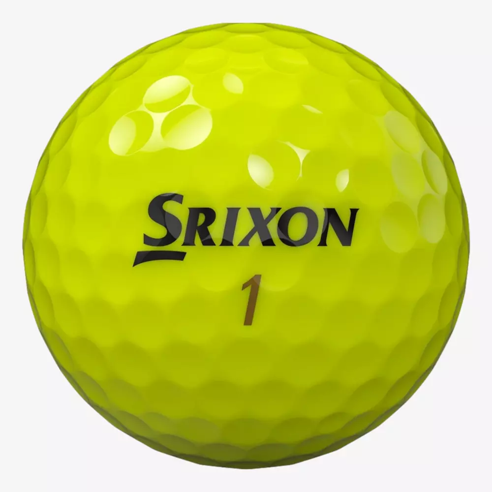 A yellow Srixon golf ball, featuring dimples and the number 1 below the brand name, sits on a plain white background&mdash;an excellent choice for those seeking the best golf balls 2026 has to offer.