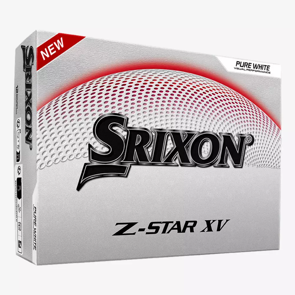 Box of Srixon Z-Star XV golf balls in Pure White. The sleek silver packaging with red accents and a NEW label highlights why these are among the best golf balls 2026, all with prominent Srixon branding.
