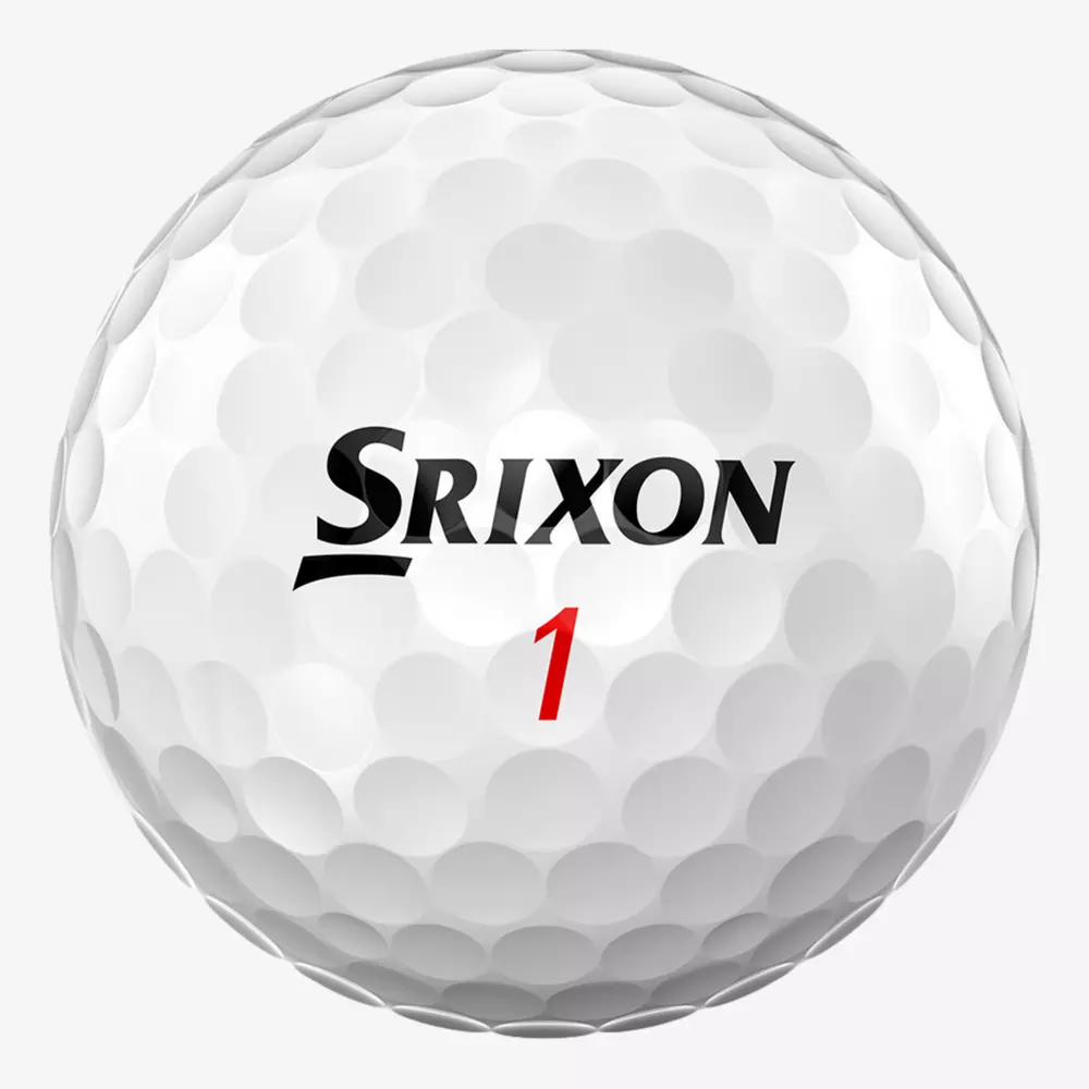 A white golf ball with the brand name Srixon printed in black and the number 1 in red beneath it, featuring a dimpled surface against a light background&mdash;an excellent choice among the best golf balls 2026.