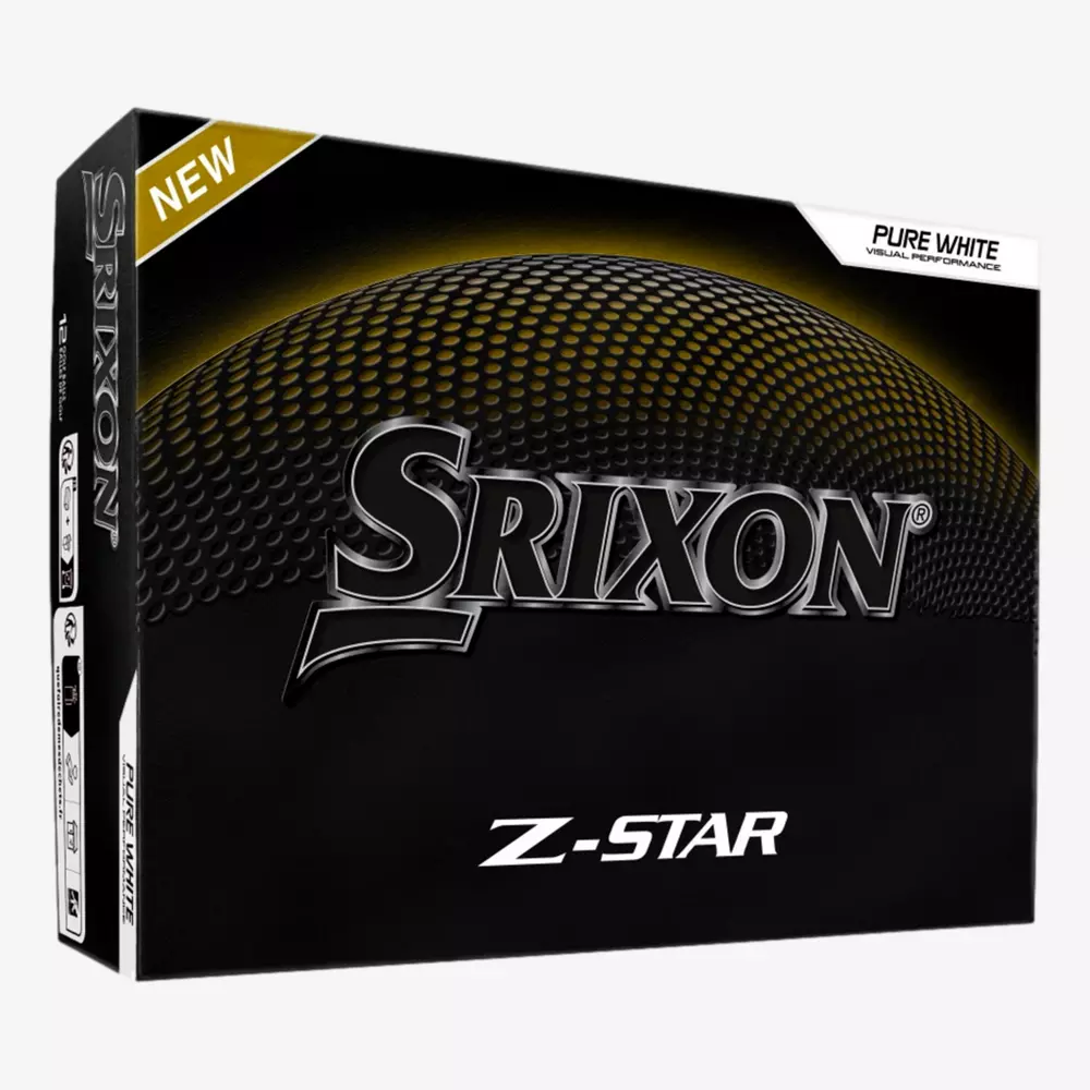 A box of Srixon Z-Star golf balls, featuring a black and gold design with NEW in the top left and PURE WHITE in the top right&mdash;perfect for players seeking performance to match their best golf shoes 2026, showcasing the Srixon logo and Z-STAR branding.