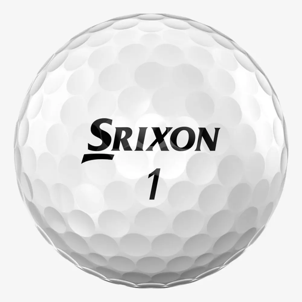 A close-up view of a white golf ball with the brand name Srixon and the number 1 printed in black on its dimpled surface, perfect for players searching for the best golf shoes 2026 to complete their game.