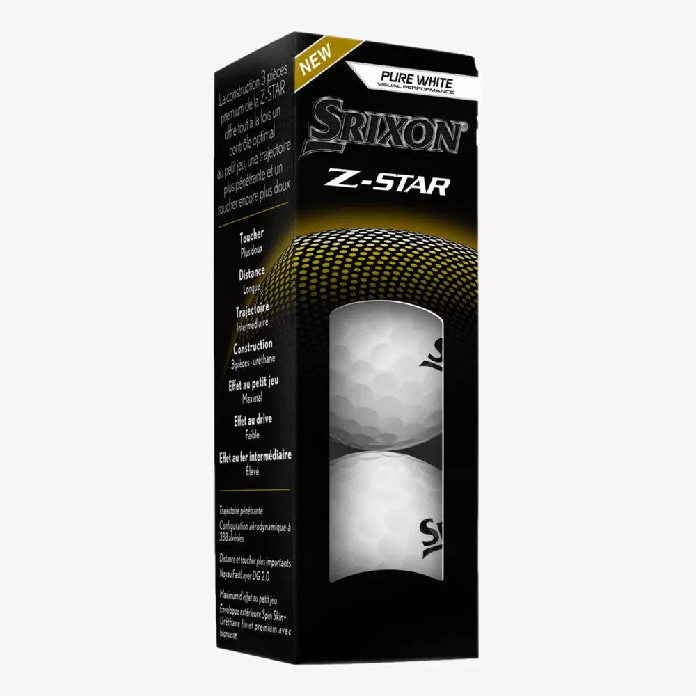 A box of Srixon Z-STAR Pure White golf balls, showing two balls through a clear window. The black packaging with gold and white accents pairs perfectly with the best golf shoes 2026 for an elevated game experience.