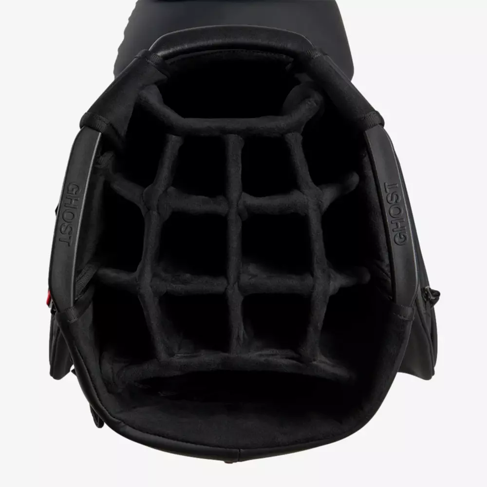 A top view of an open black baseball glove with a unique grid-like pocket structure and the word GHOST printed on both sides near the opening&mdash;crafted with precision, just like the best golf bags 2026.