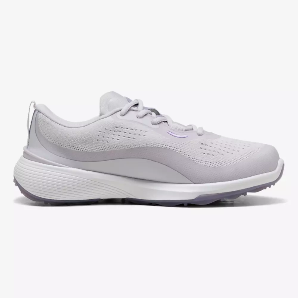 A light gray athletic sneaker with a mesh upper, subtle perforations for breathability, a cushioned sole, and a minimalistic design&mdash;perfect inspiration for the best women's golf shoes 2026&mdash;viewed from the side on a plain white background.