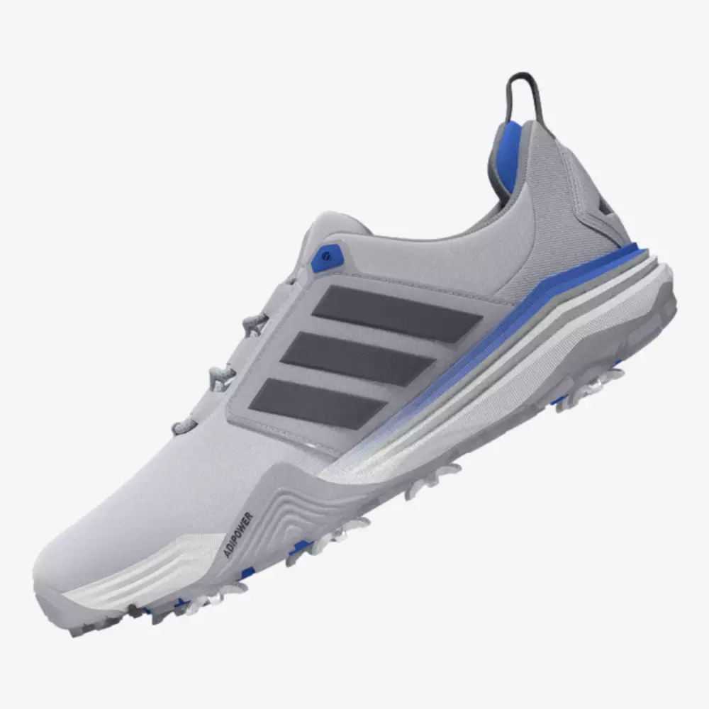 A gray athletic shoe inspired by the best Jordan golf shoes, with blue accents and black stripes on the side, featuring a textured sole for grip and a loop on the heel for easy pull-on.