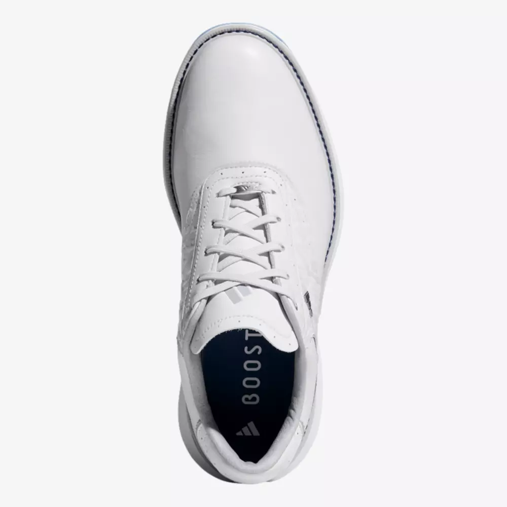 Top view of a white athletic shoe with laces and a navy blue insole displaying the word BOOST and the Adidas logo&mdash;a stylish look that rivals the best Jordan golf shoes.