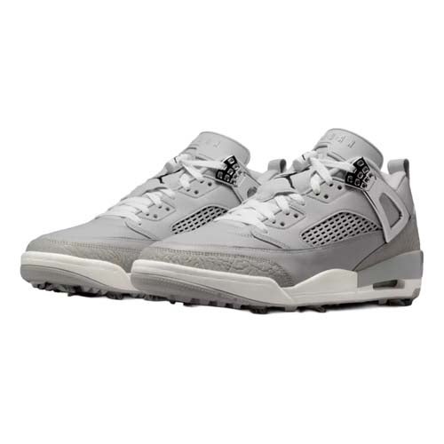 A pair of grey and white low-top sneakers with white laces, grey accents, mesh panels, and textured detailing on the toe and heel—these sporty, modern kicks are inspired by the best Jordan golf shoes.