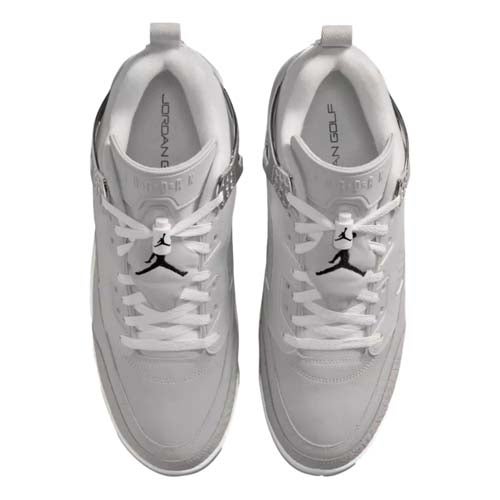 Top view of a pair of best Jordan golf shoes in white, featuring white laces and black Jumpman logos on the tongues, set against a plain white background.