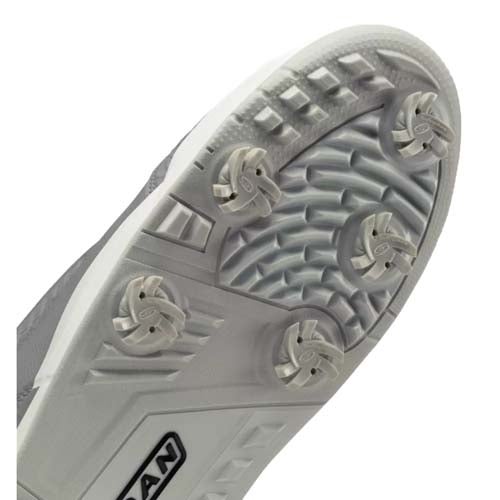 Close-up view of the sole of a sports shoe, featuring five removable cleats arranged in a circular pattern, textured grip areas, and a partially visible brand logo. Ideal for those seeking the best Jordan golf shoes in white and gray.