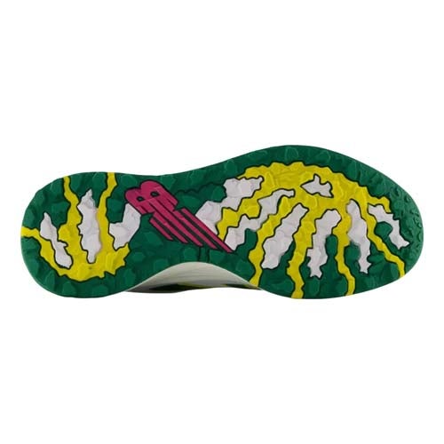 The bottom of a shoe featuring a green sole with yellow zigzag patterns and a pink octopus graphic in the center, inspired by the best looks from The First Major. The rugged texture ensures excellent traction.