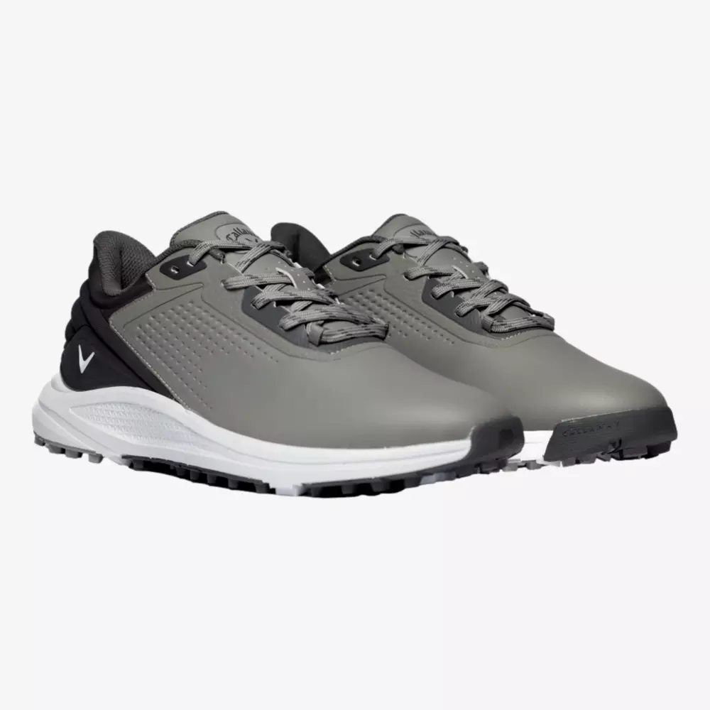 A pair of gray and black athletic shoes with white soles, featuring textured sides and laces, positioned side by side on a light background&mdash;reminiscent of the best Jordan golf shoes in both style and comfort.