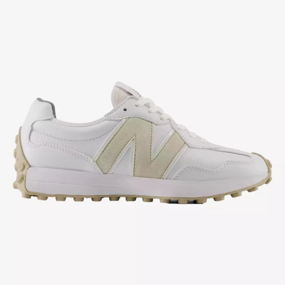 A white athletic sneaker with beige accents, suede detailing, and a thick, textured beige sole. Featuring a prominent N logo and retro-inspired silhouette, it channels the style seen in the best golf shoes 2026 collections.