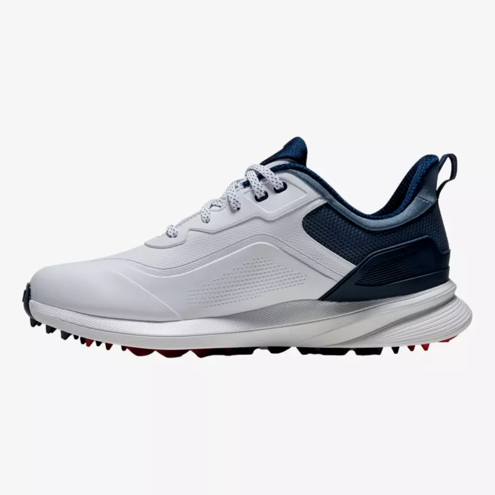 A white athletic sneaker with dark blue accents, textured sides, white laces, and a ridged sole designed for traction&mdash;these kicks channel the iconic style found in the best Jordan golf shoes.