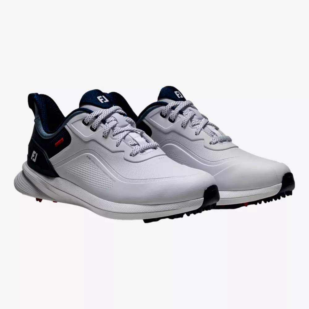 A pair of white athletic sneakers with navy blue accents, gray laces, and a textured sole, displayed on a plain white background&mdash;these could rival the best Jordan golf shoes in style and performance.