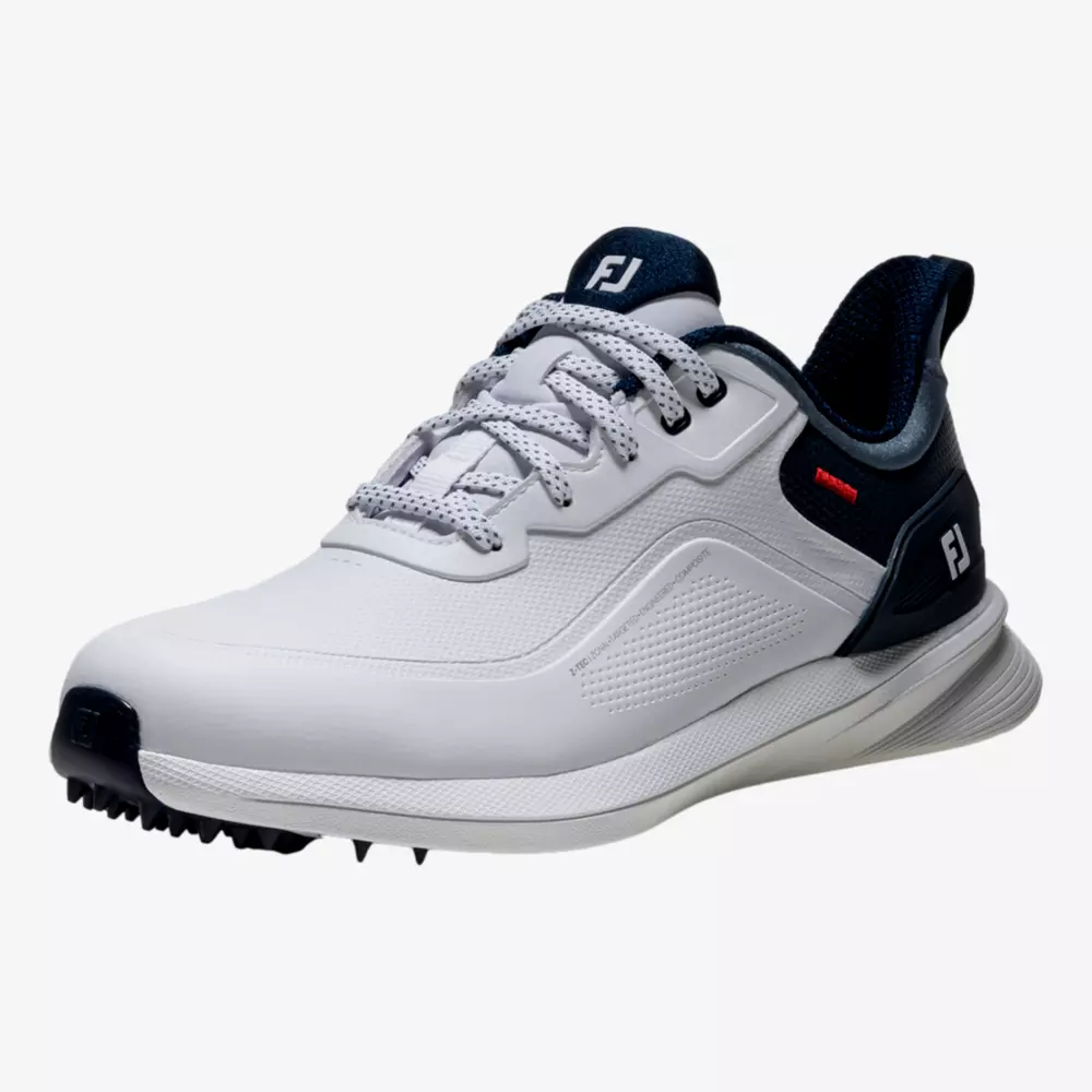 A white and navy athletic shoe with textured sole and laces, featuring the FJ logo on the tongue and side&mdash;ideal for sports or outdoor activities and inspired by the best Jordan golf shoes.