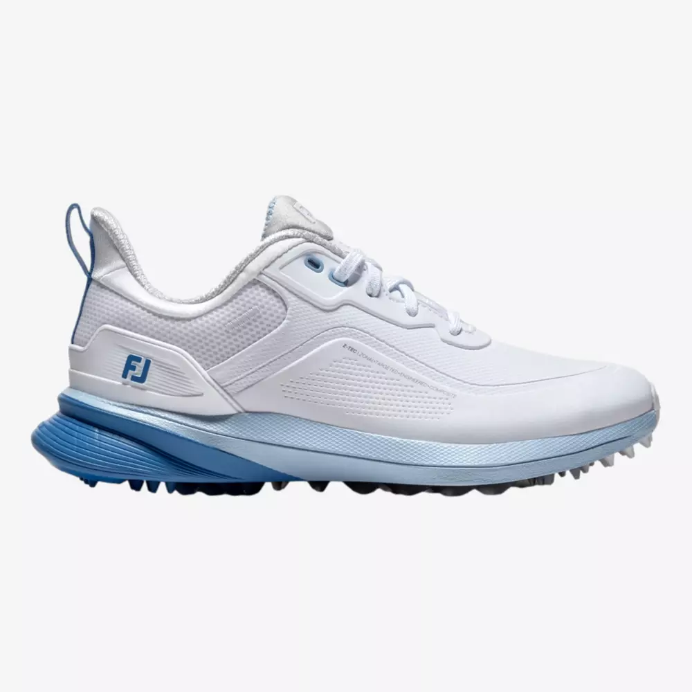 A white athletic sneaker with light blue accents, featuring a textured sole, lace-up design, and the FJ logo on the side near the heel. Its modern, sporty look makes it a contender for one of the best golf shoes 2026.