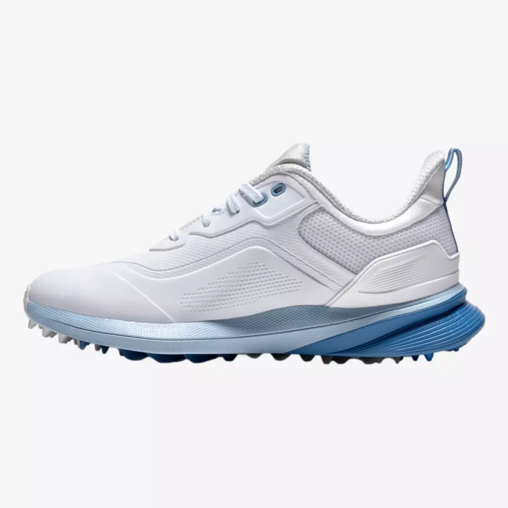 A white athletic sneaker with light blue accents, featuring a textured sole for grip, mesh and synthetic materials, and a pull tab at the heel&mdash;an on-trend look inspired by the best golf shoes 2026, displayed on a plain white background.