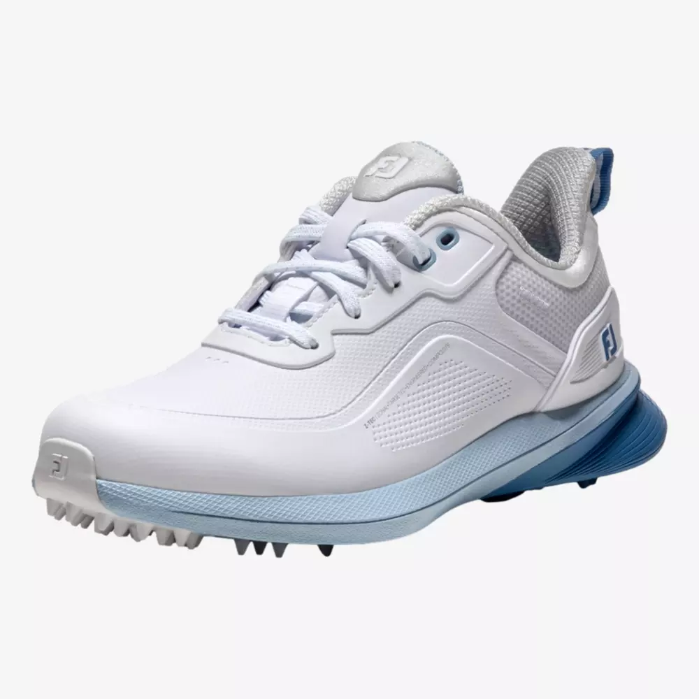 A white athletic golf shoe with light blue accents, featuring a textured sole with spikes, mesh detailing, and the FootJoy logo&mdash;an excellent contender among the best golf shoes 2026 has to offer.