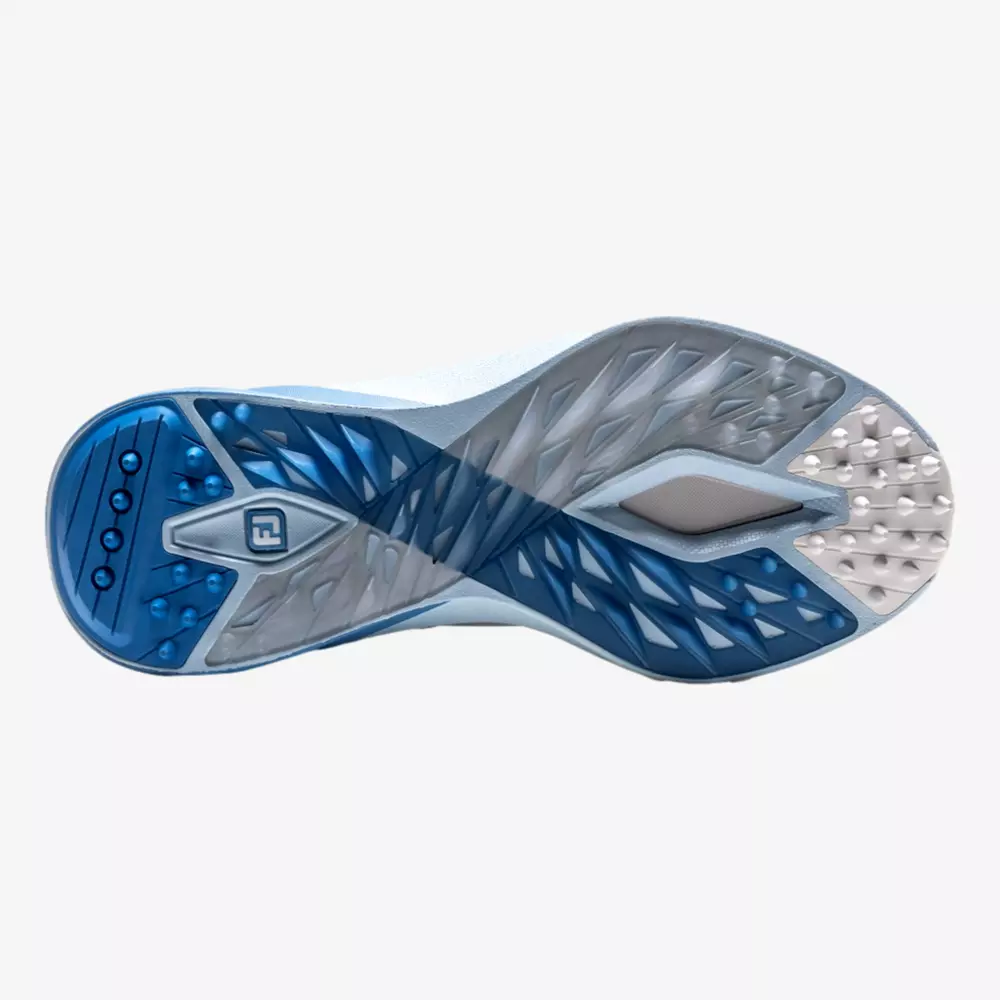 The underside of a sports shoe featuring a patterned sole with blue, gray, and white sections, textured grips, and a geometric design for traction&mdash;ideal for those seeking the best golf shoes 2026 has to offer.