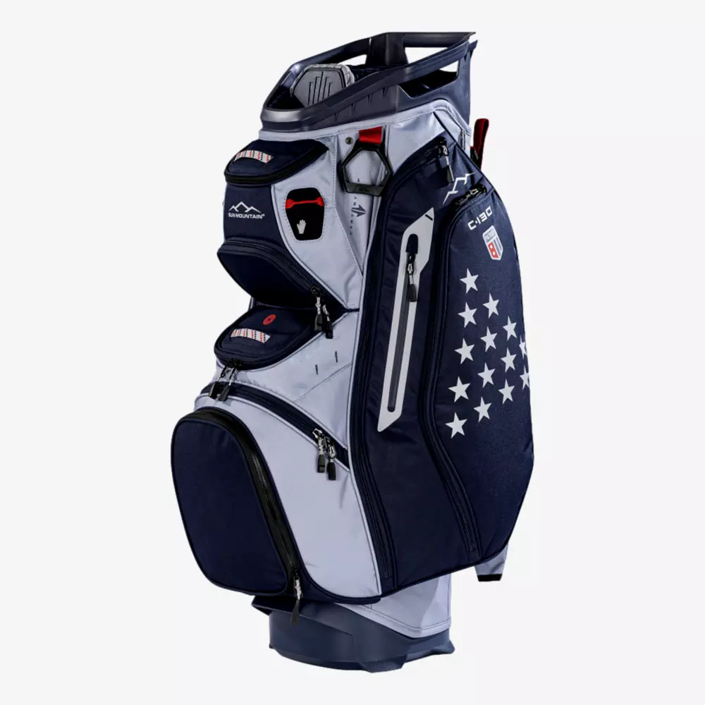 A navy blue and gray golf bag with multiple zippered pockets, a padded handle, and a star pattern on its side&mdash;this upright bag offers smart compartments and detailing, making it one of the best golf bags 2026 has to offer.