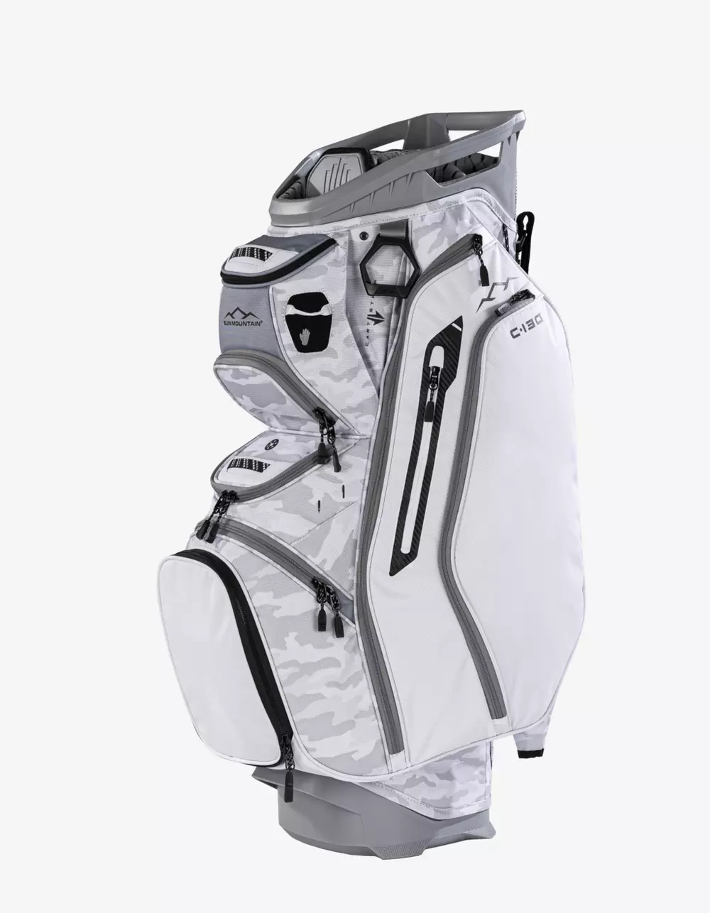 A white and light gray camouflage golf bag with multiple zippered pockets, black accents, and a sturdy base, standing upright on a white background&mdash;an excellent choice among the best golf bags 2026.