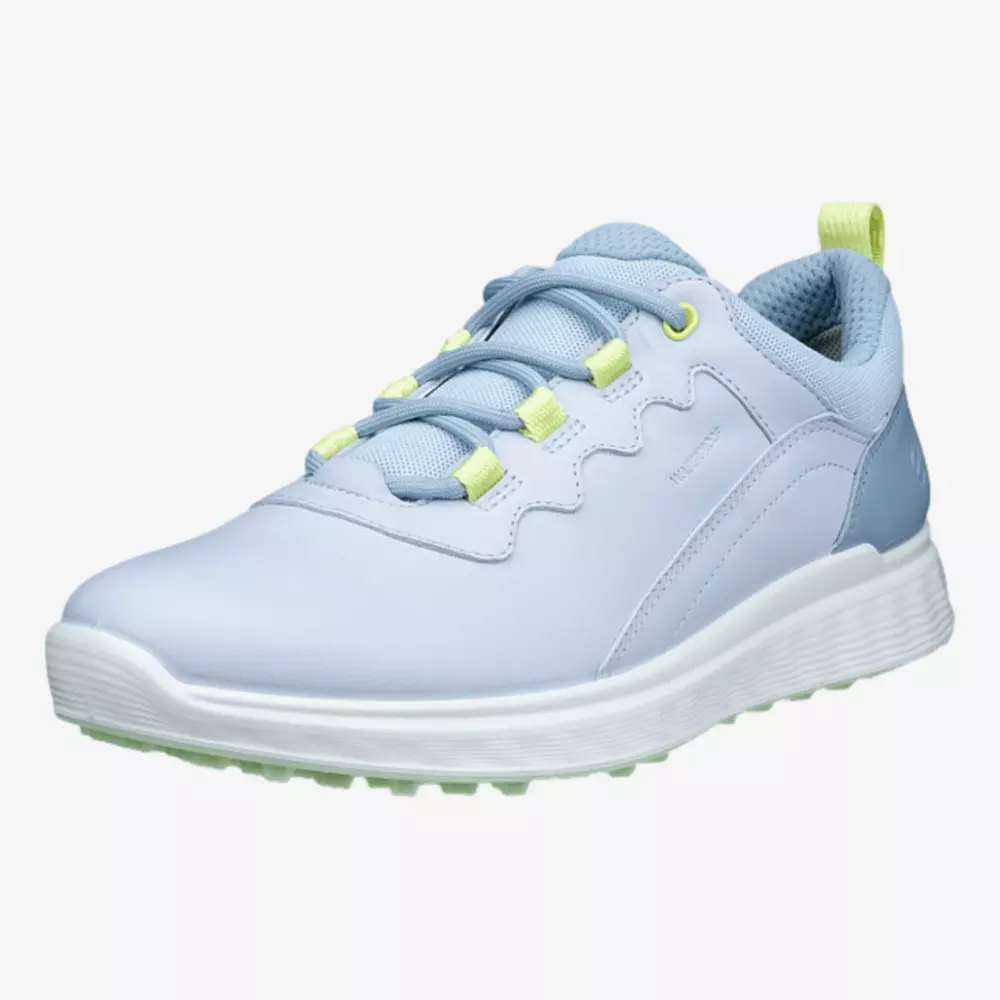 A light blue athletic sneaker with white soles, blue laces, yellow eyelets, and a yellow pull tab on the heel. With its textured sole and modern sporty design, it&rsquo;s inspired by the style of the best golf shoes 2026.