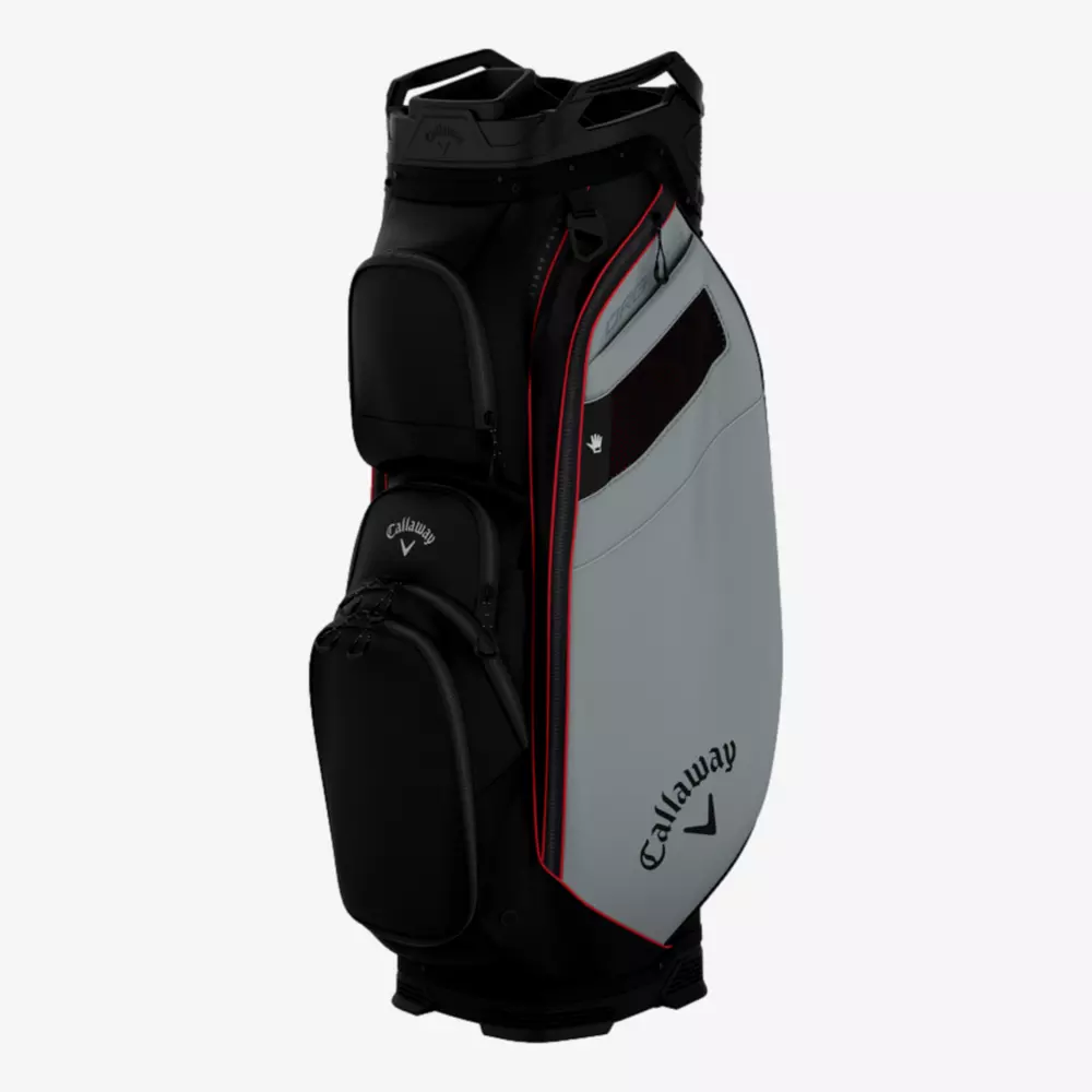 A Callaway golf bag in black and gray with red accents, featuring multiple zippered pockets and the Callaway logo on the front&mdash;an ideal choice for those seeking the best golf bags 2026, standing upright against a plain background.
