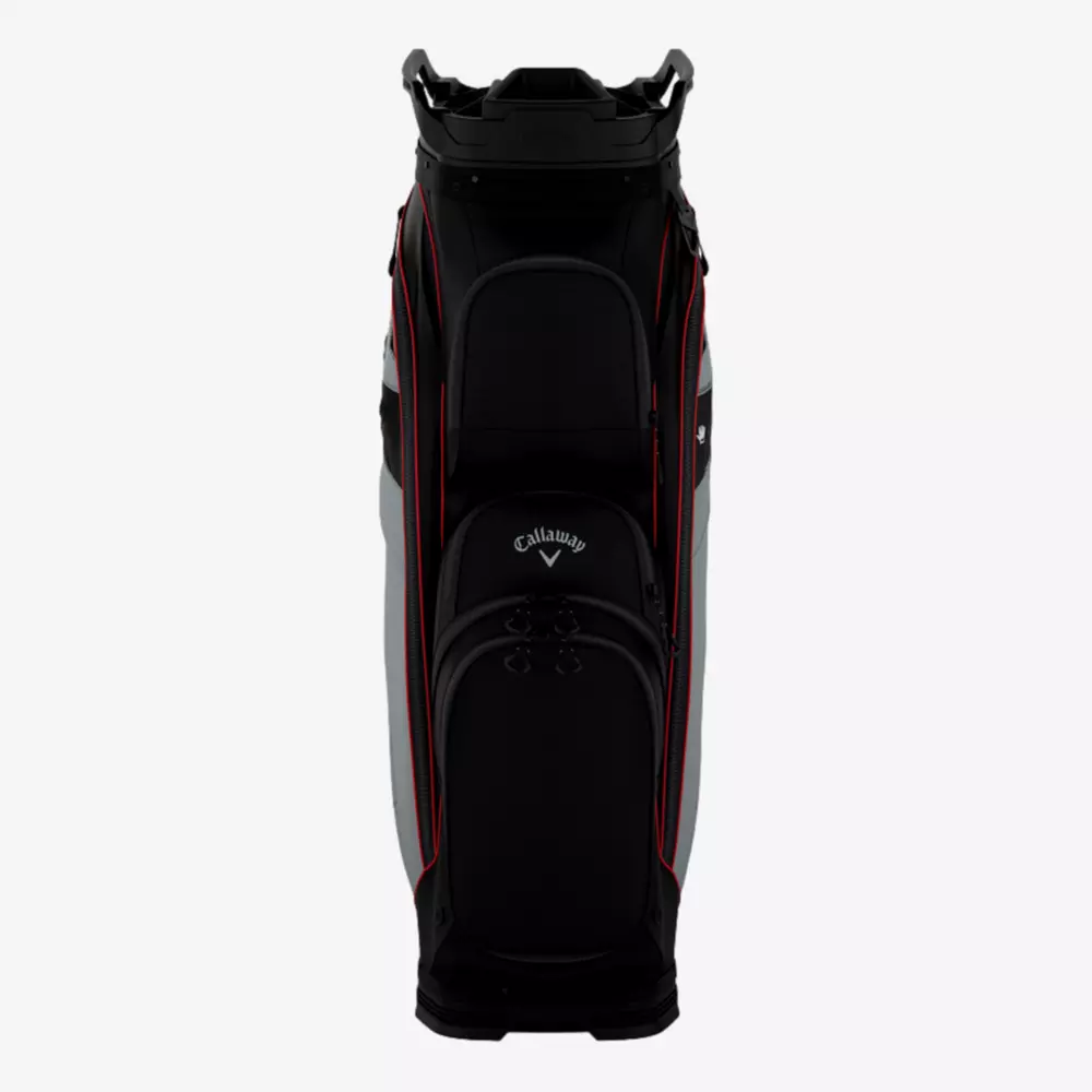 A black Callaway golf bag with red accents, shown from the front on a plain light background. One of the best golf bags 2026, it features multiple zippered compartments and a structured top for organizing golf clubs.