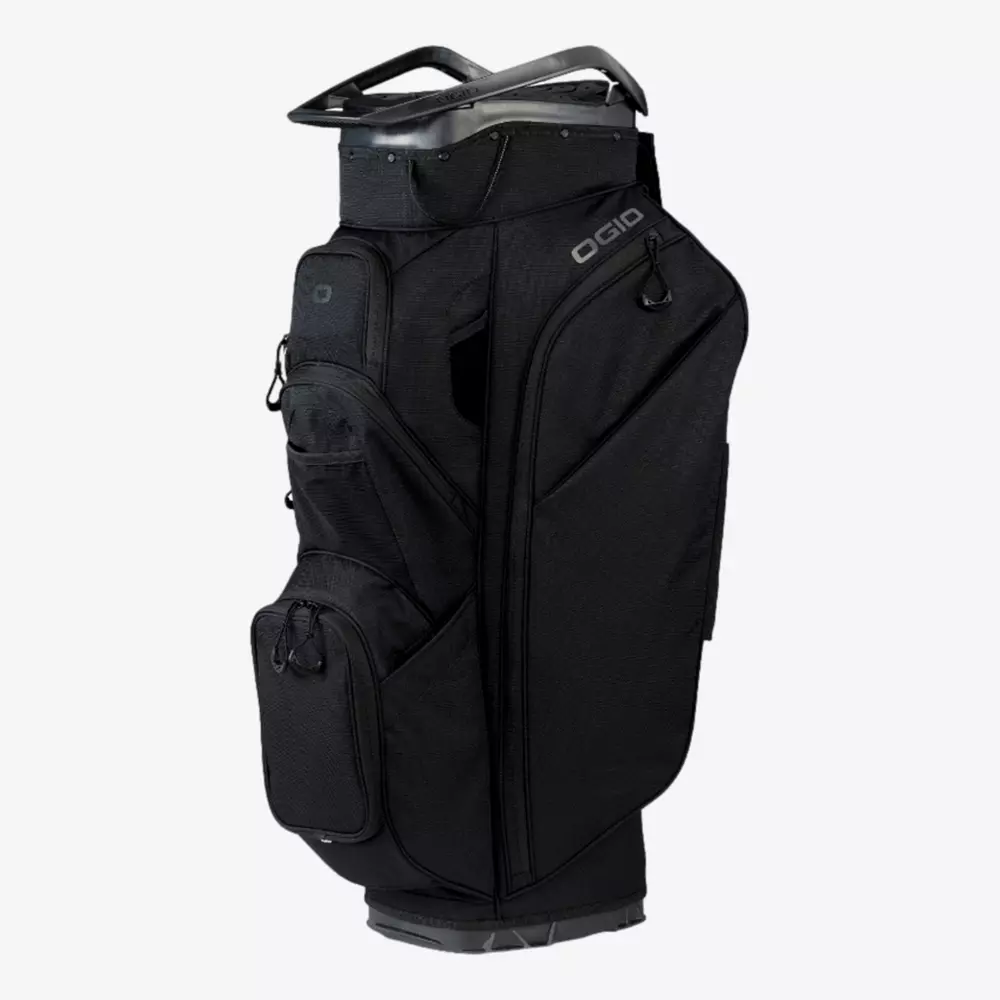 A black OGIO golf bag, featuring multiple zippered pockets and a sturdy top handle, showcases its sleek modern design&mdash;an excellent choice for anyone searching for the best golf bags 2026.