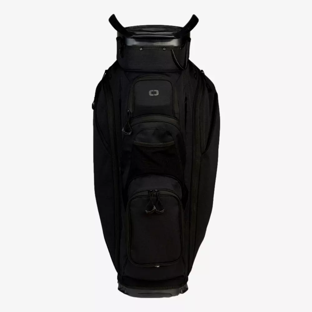 A black golf bag with multiple zippered compartments and handles, standing upright against a plain white background&mdash;ideal for those seeking the best golf bags 2026 has to offer.
