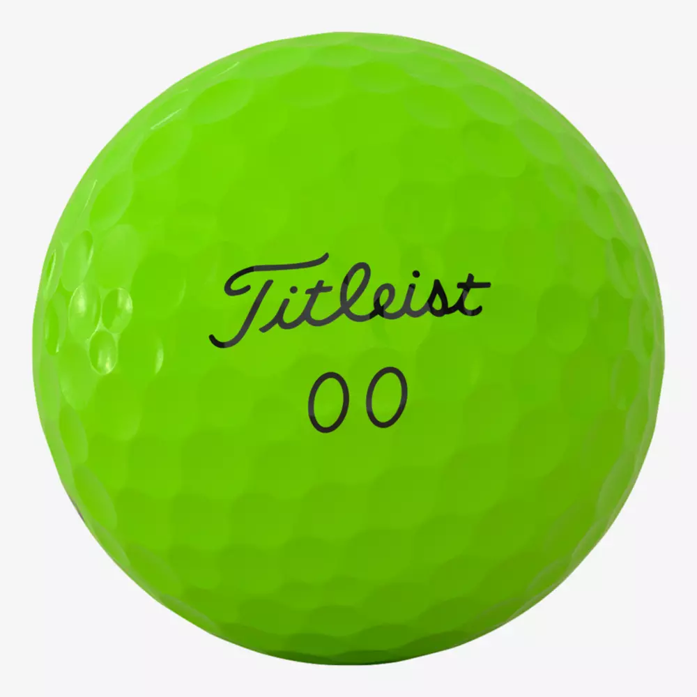 A bright green Titleist golf ball with dimpled texture, featuring the Titleist logo and the number 00 printed in black on its surface&mdash;a perfect match for players wearing the best golf shoes 2026.